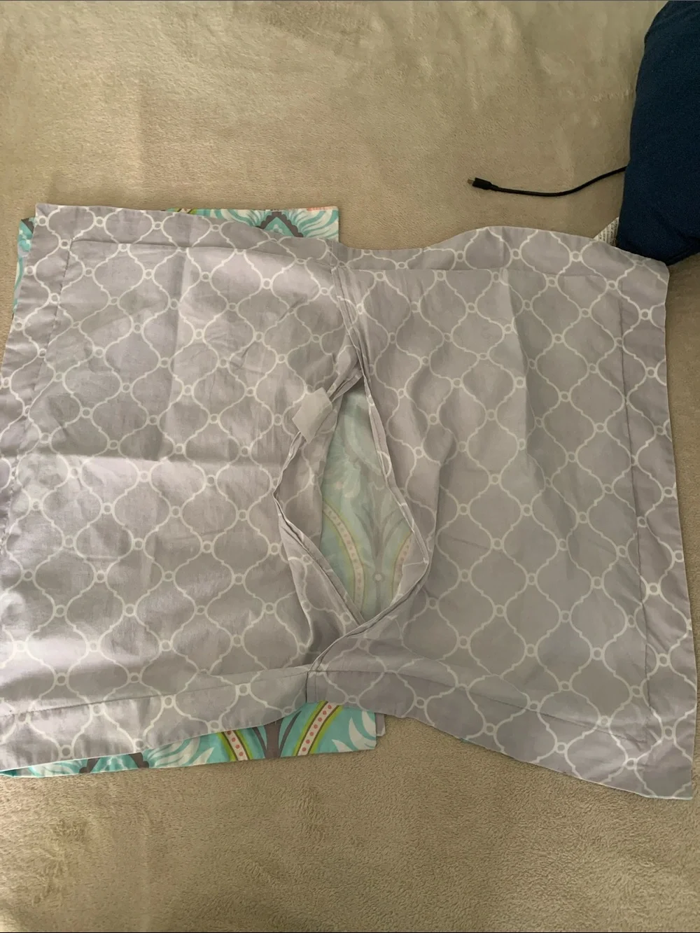 Reversible Turquoise and Gray Decorative Pillow Sham Set